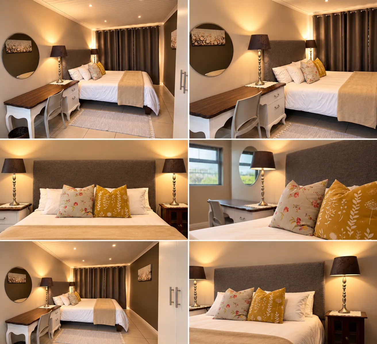 Main bedroom collage showing bed, desk, and room details