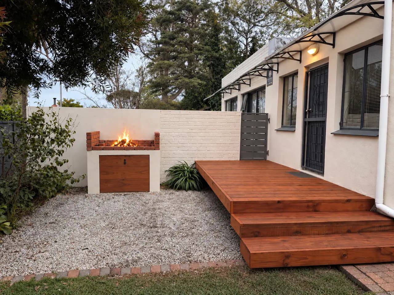 Timber deck and outdoor braai with a warm fire
