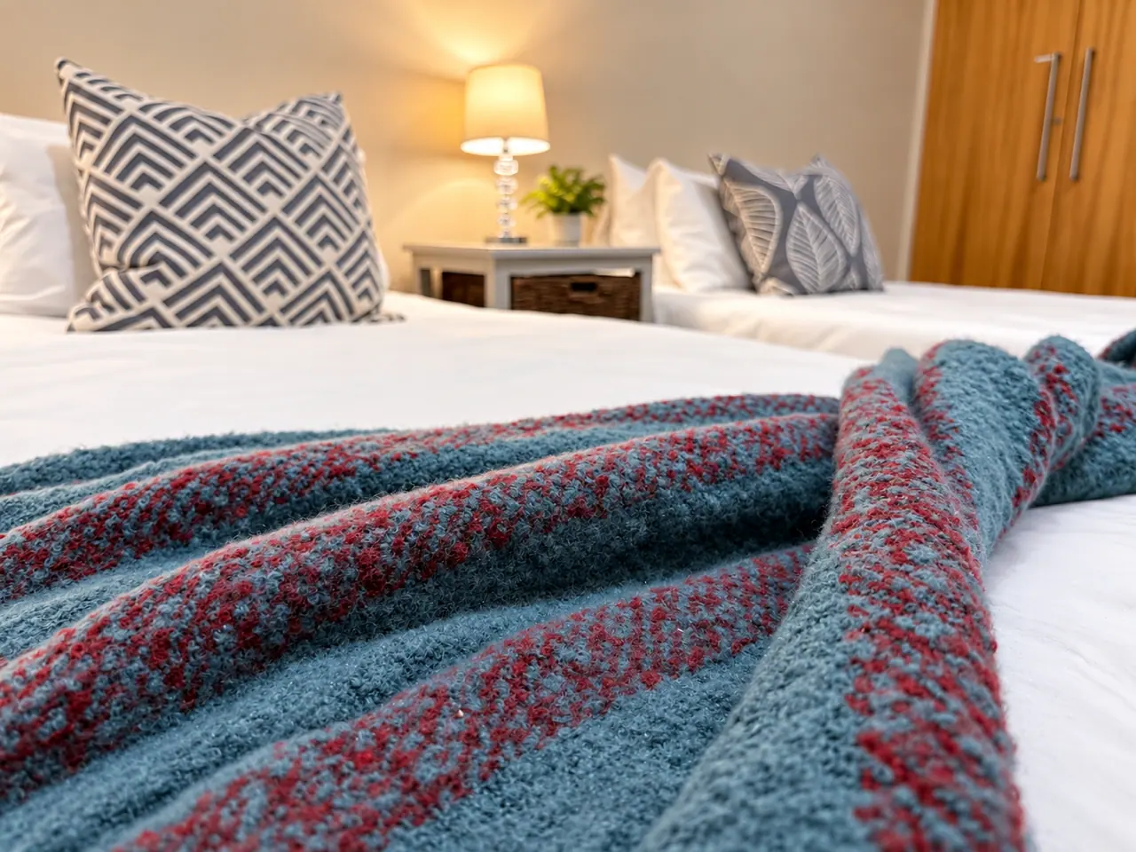 Second bedroom detail with textured throw and soft lamp light